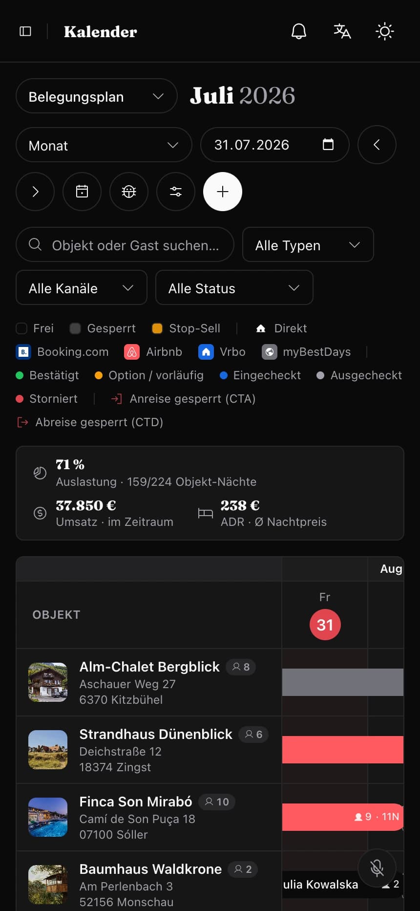 Mobile Ansicht mit Belegung und Nachrichten